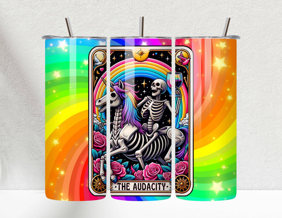 "The Audacity Tarot Rainbow Unicorn" design on a 20 oz skinny tumbler with lid and straw
