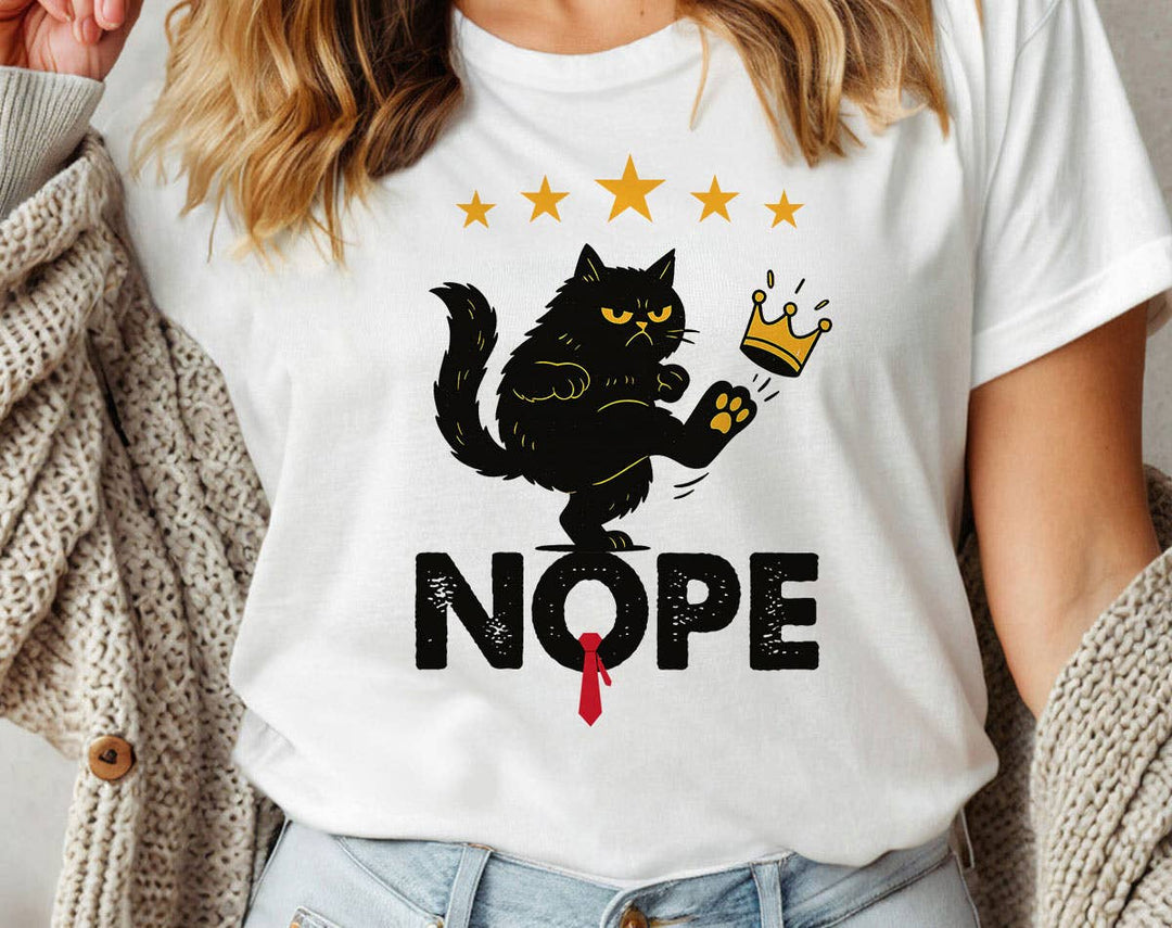 "Nope No Kings Black Cat" design on a white unisex t-shirt