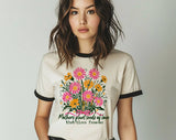"Mothers Plant Seeds Of Love" design on a natural ringer t-shirt with black contrast trim