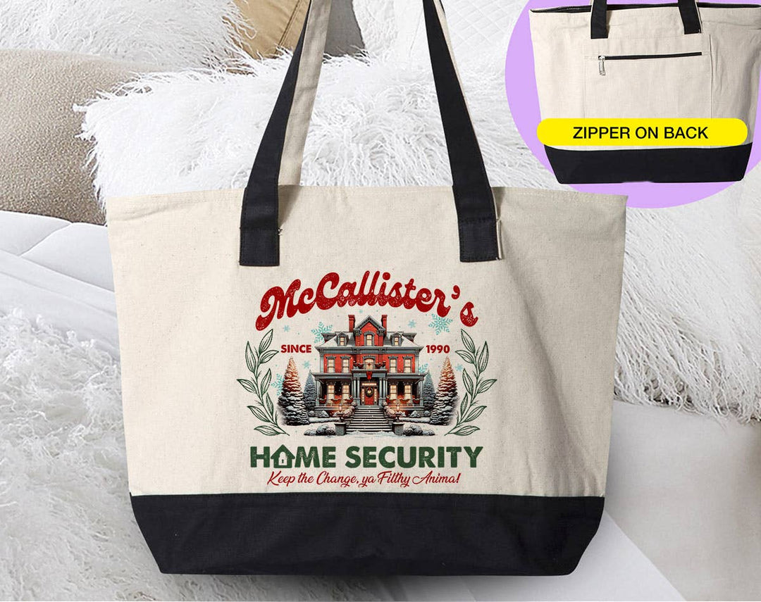 "McCallister's Home Security" design on a natural canvas zippered tote bag