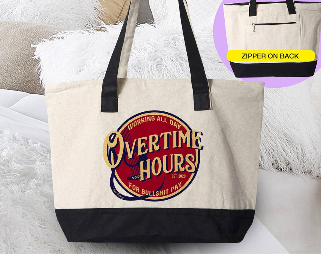 "Overtime Hours Oliver Anthony Inspired" design on a natural canvas zippered tote bag