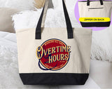 "Overtime Hours Oliver Anthony Inspired" design on a natural canvas zippered tote bag