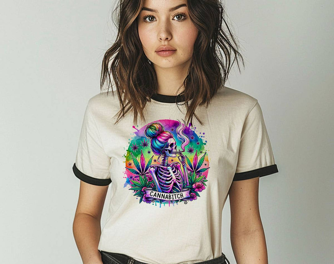 "Cannabitch Skeleton Hippie" design on a natural ringer t-shirt with black contrast trim