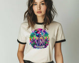 "Cannabitch Skeleton Hippie" design on a natural ringer t-shirt with black contrast trim