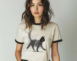 "Cat Abstract Drawing" design on a natural ringer t-shirt with black contrast trim