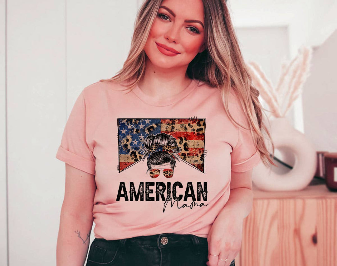 "American Mama Leopard Print" design on a peach unisex t-shirt