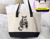 "Raccoon Drinking Iced Coffee" design on a natural canvas zippered tote bag