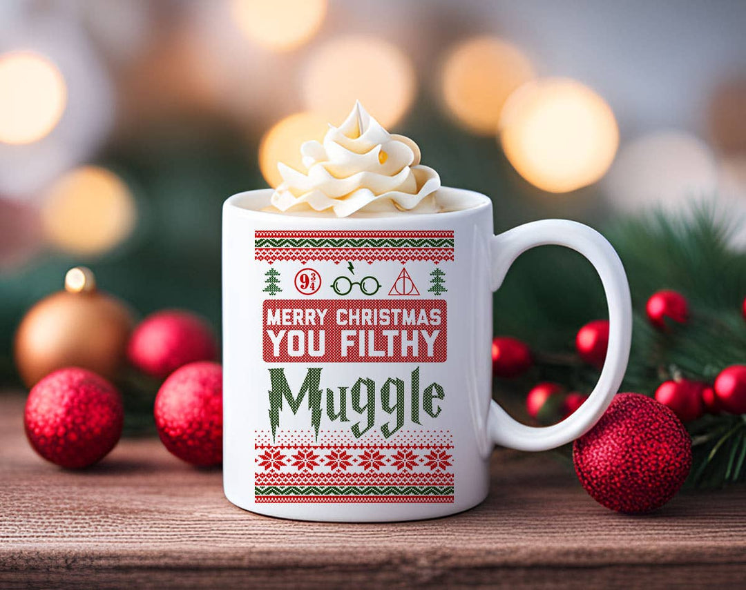 "Merry Christmas You Filthy Muggle" Christmas design on a white coffee mug