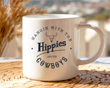 "Hanging With The Hippies" design on a white ceramic coffee mug