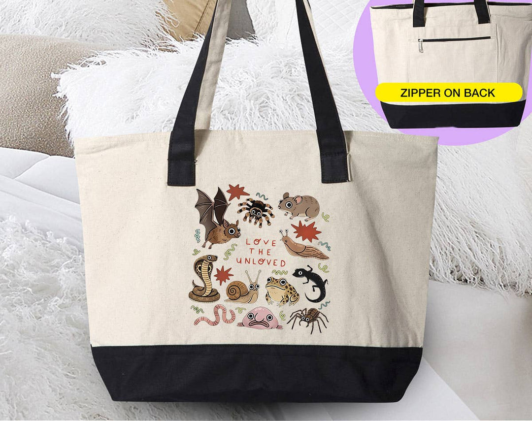 "Love The Unloved Weird Animals Biology Teacher" design on a natural canvas zippered tote bag