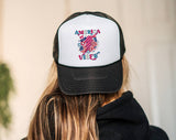 "America Vibes" design on a mesh-back snapback trucker hat
