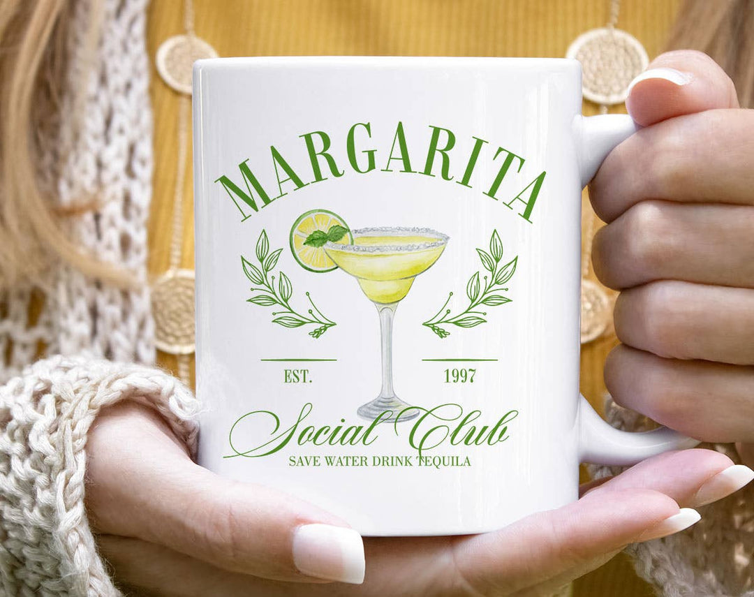 "Margarita Social Club" design on a white ceramic coffee mug