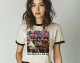 "Bad Day To Be A Hotdog" design on a natural ringer t-shirt with black contrast trim