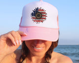 "Sunflower American Flag" design on a mesh-back snapback trucker hat