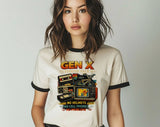 "Gen-X Starter Pack 80s & 90s Nostalgia" design on a natural ringer t-shirt with black contrast trim