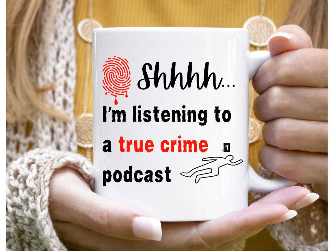 "True Crime Podcast" design on a white ceramic coffee mug
