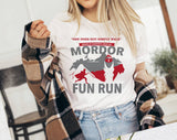 "Mordor Fun Run" design on a white unisex t-shirt