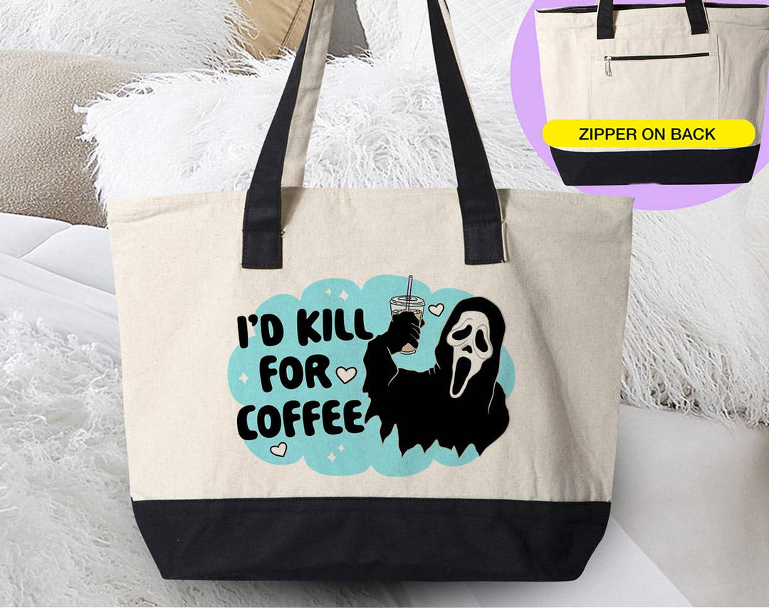 "I'd Kill For Coffee" design on a natural canvas zippered tote bag