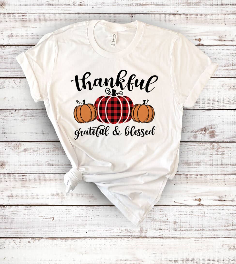 "Thankful Grateful Blessed" design on a white unisex t-shirt