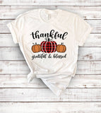 "Thankful Grateful Blessed" design on a white unisex t-shirt