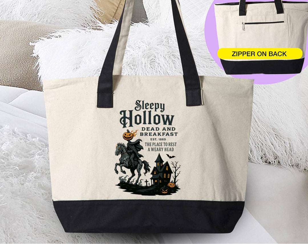 "Sleepy Hollow" design on a natural canvas zippered tote bag