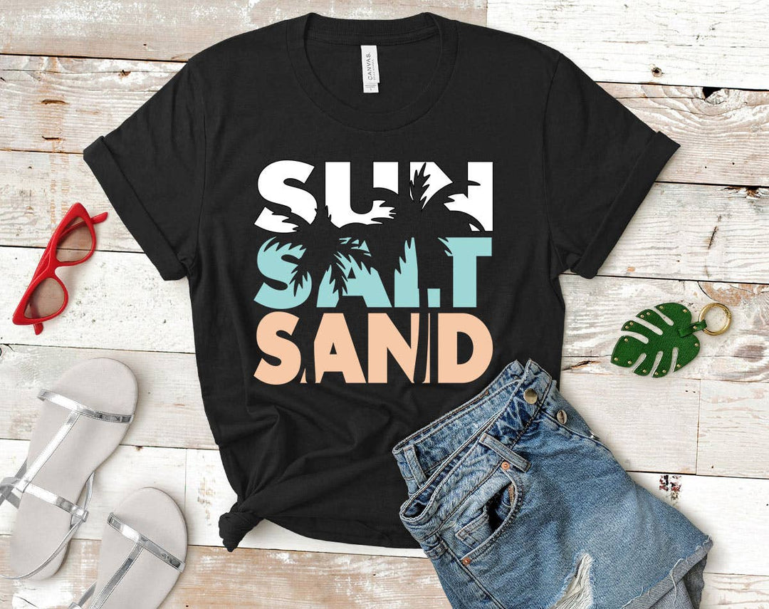 "Sun Salt Sand" design on a black unisex t-shirt