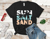 "Sun Salt Sand" design on a black unisex t-shirt