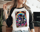 "The Audacity Rainbow Unicorn Tarot" design on a white baseball raglan tee with black sleeves