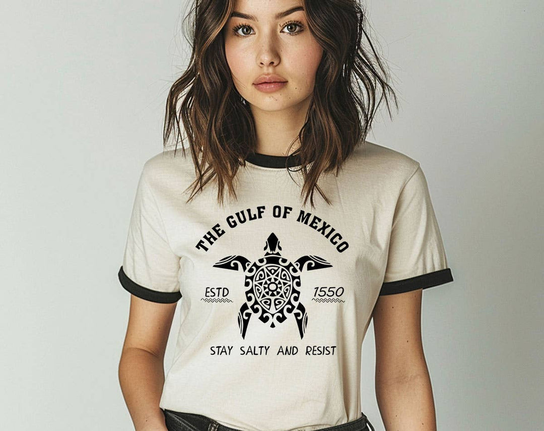 "Gulf Of Mexico Stay Salty" design on a natural ringer t-shirt with black contrast trim
