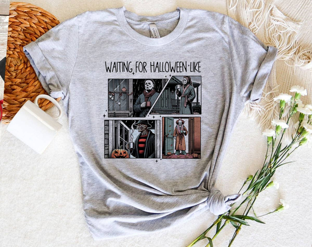 "Waiting For Halloween Like Horror Movies" design on a heather gray unisex t-shirt