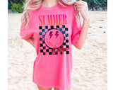 "Summer Babe Smiley" design on a pink watermelon Comfort Colors t-shirt