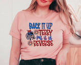 "Back It Up Terry Fireworks" design on a peach unisex t-shirt