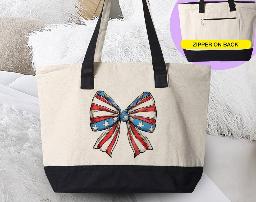 "4th of July Coquette Bow American Flag" design on a natural canvas zippered tote bag