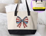 "4th of July Coquette Bow American Flag" design on a natural canvas zippered tote bag
