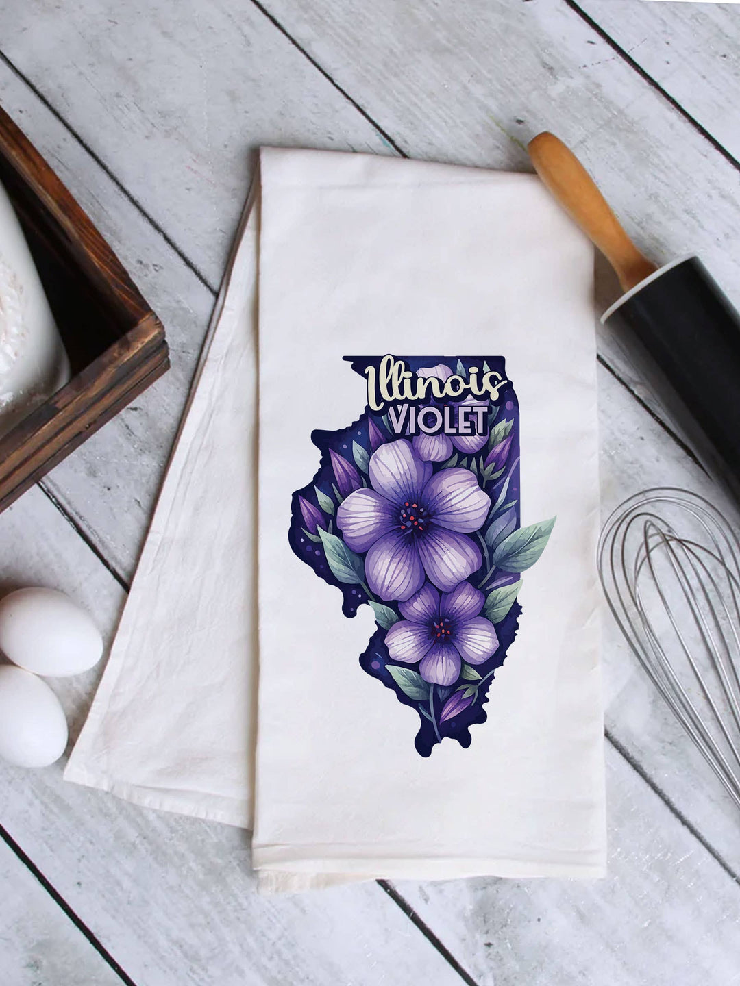 "Illinois State Flower Violet" design on a white 28 x 28 inch flour sack tea towel
