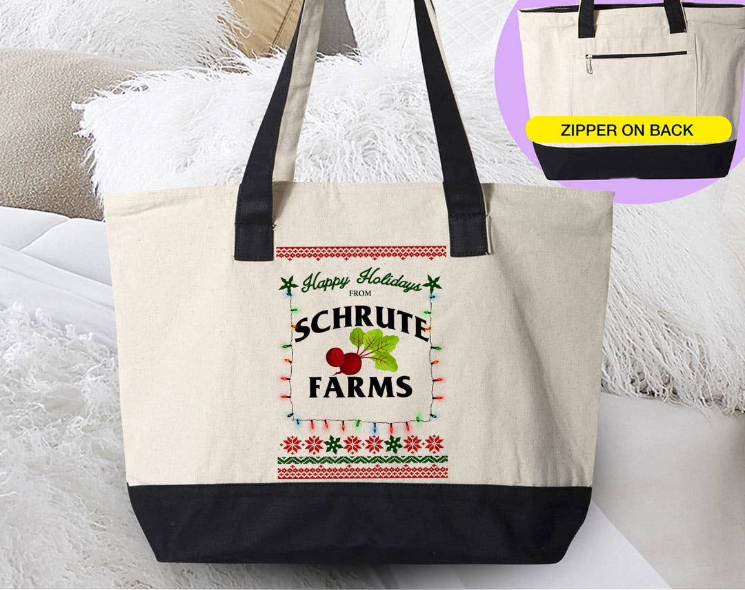 "Schrute Farms" design on a natural canvas zippered tote bag