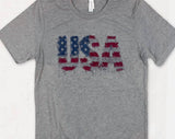 "USA Faux Patchwork American Flag" design on a heather gray unisex t-shirt