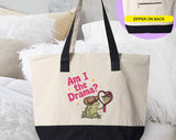 "Am I The Drama?" design on a natural canvas zippered tote bag