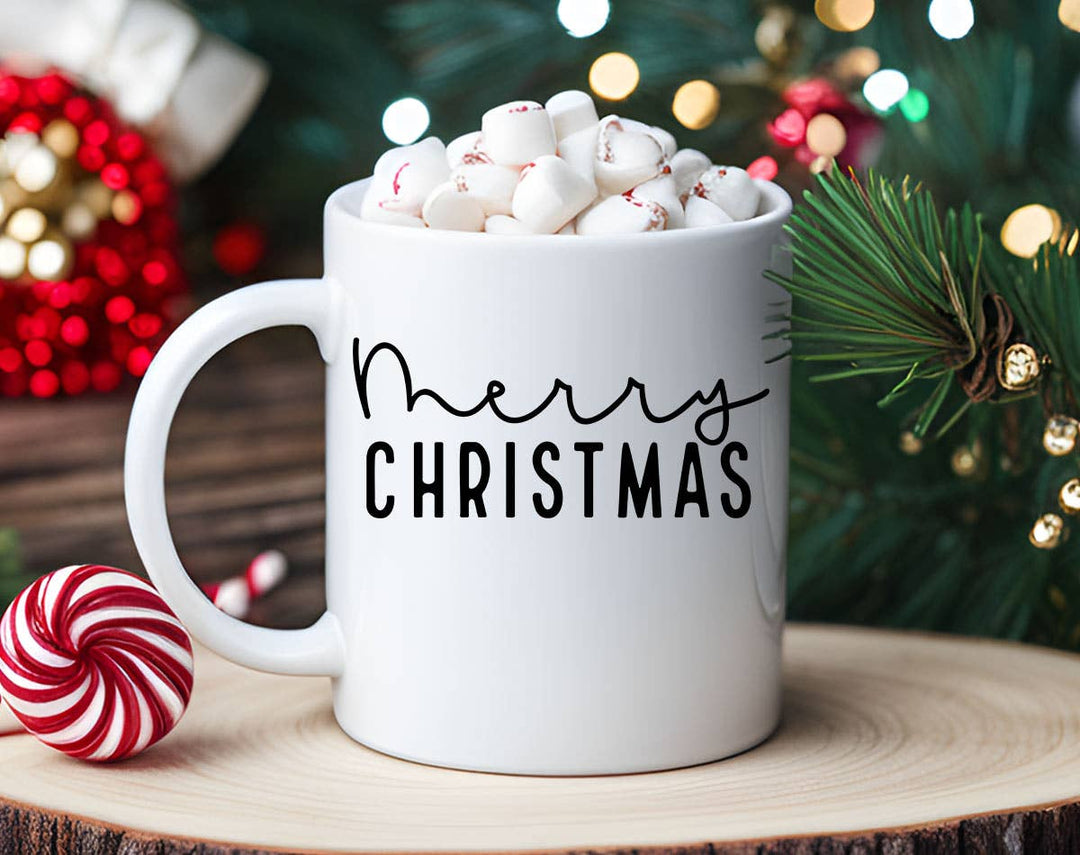 "Merry Christmas Cursive" Christmas design on a white coffee mug
