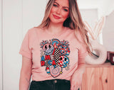 "America Disco Ball" design on a peach unisex t-shirt