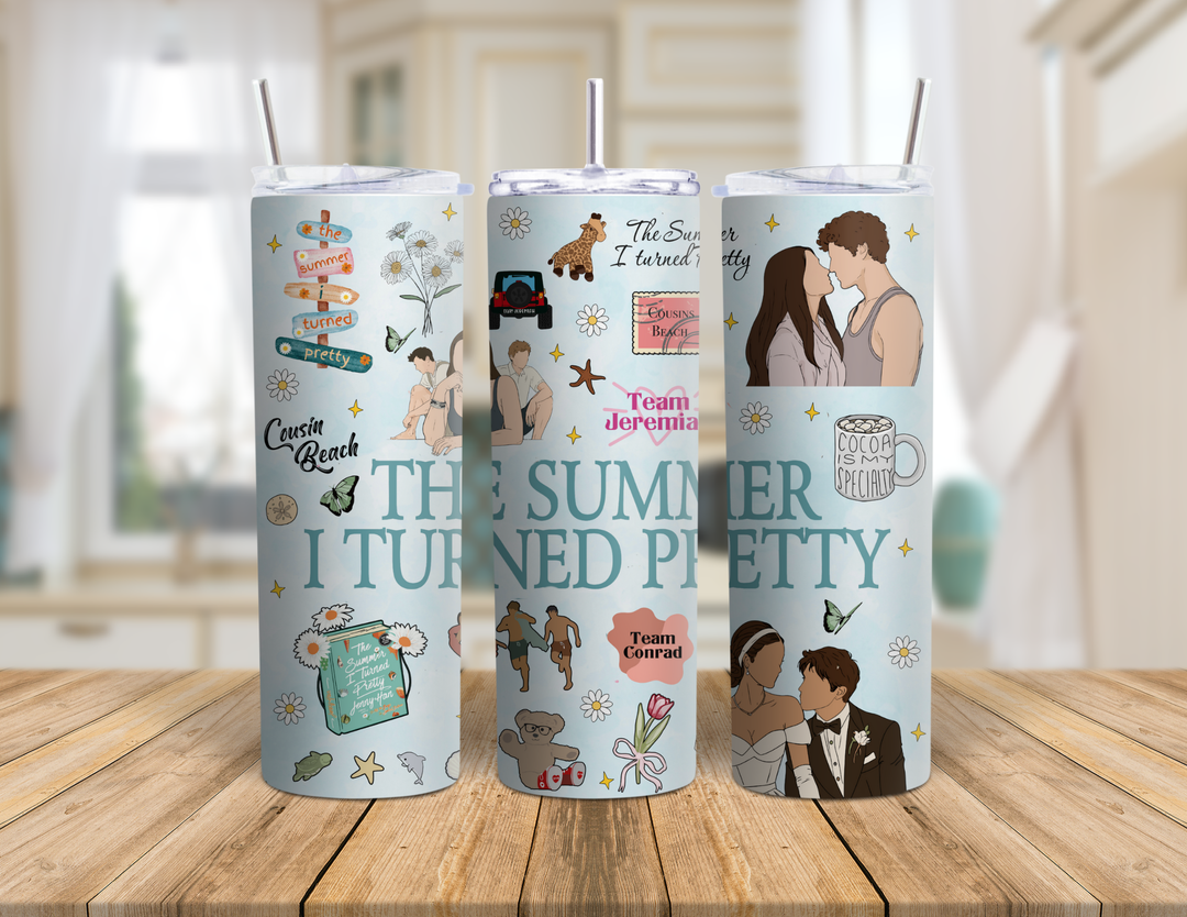 "The Summer I Turned Pretty Collage" design on a 20 oz skinny tumbler with lid and straw