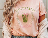 "Matcha Latte Social Club" design on a peach unisex t-shirt