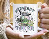 "Midnight Toker Hippie" design on a white ceramic coffee mug