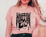 "Muffin Metal" design on a peach unisex t-shirt