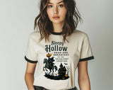 "Sleepy Hollow Pumpkin" design on a natural ringer t-shirt with black contrast trim