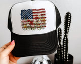 "American Flag Floral Painting" design on a mesh-back snapback trucker hat