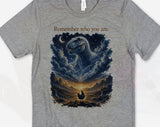 "Remember Who You Are T-Rex Chicken" design on a heather gray unisex t-shirt