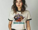"Scare Bears Horror Movie" design on a natural ringer t-shirt with black contrast trim