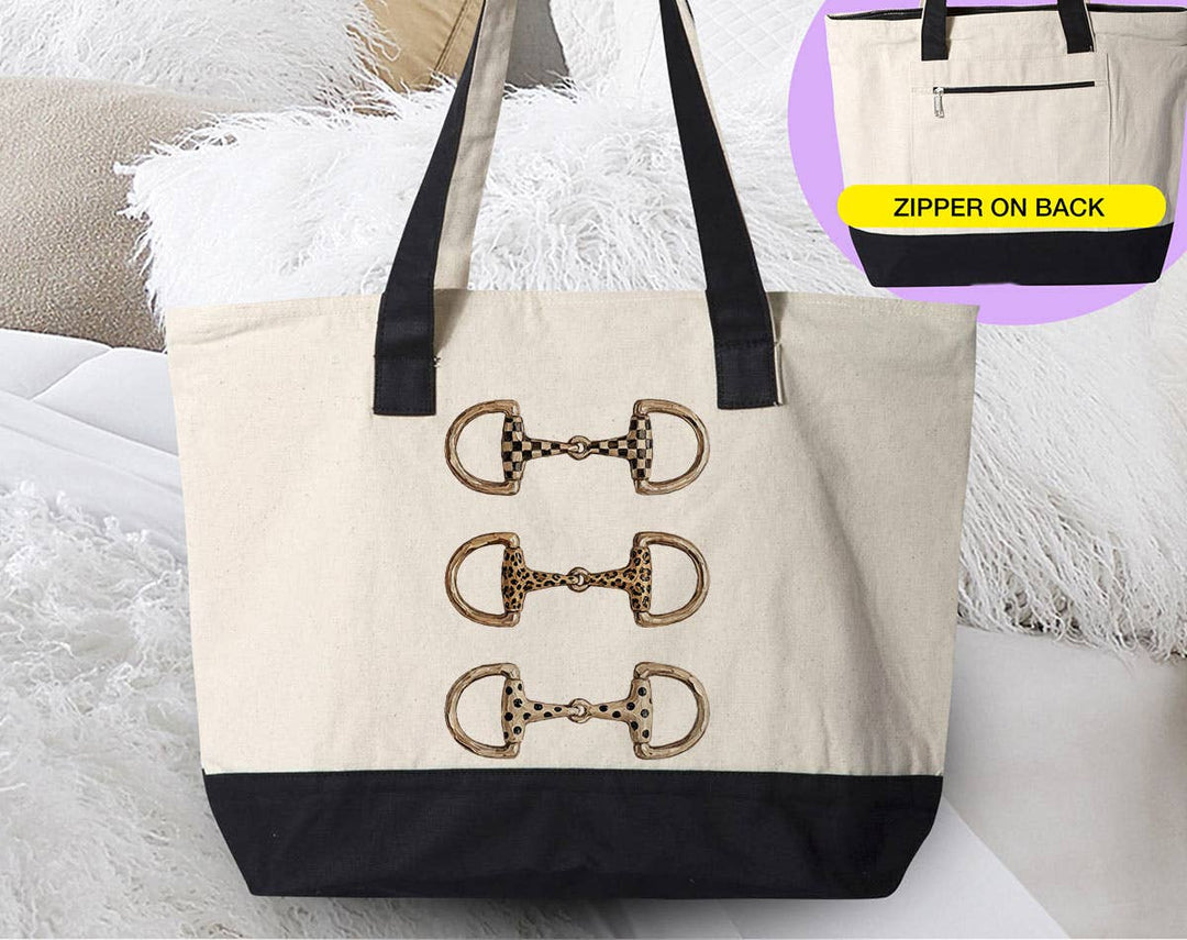 "Brushstroke Horse Bit Western Cowgirl" design on a natural canvas zippered tote bag