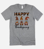 "Happy Gnome Thanksgiving" design on a heather gray unisex t-shirt
